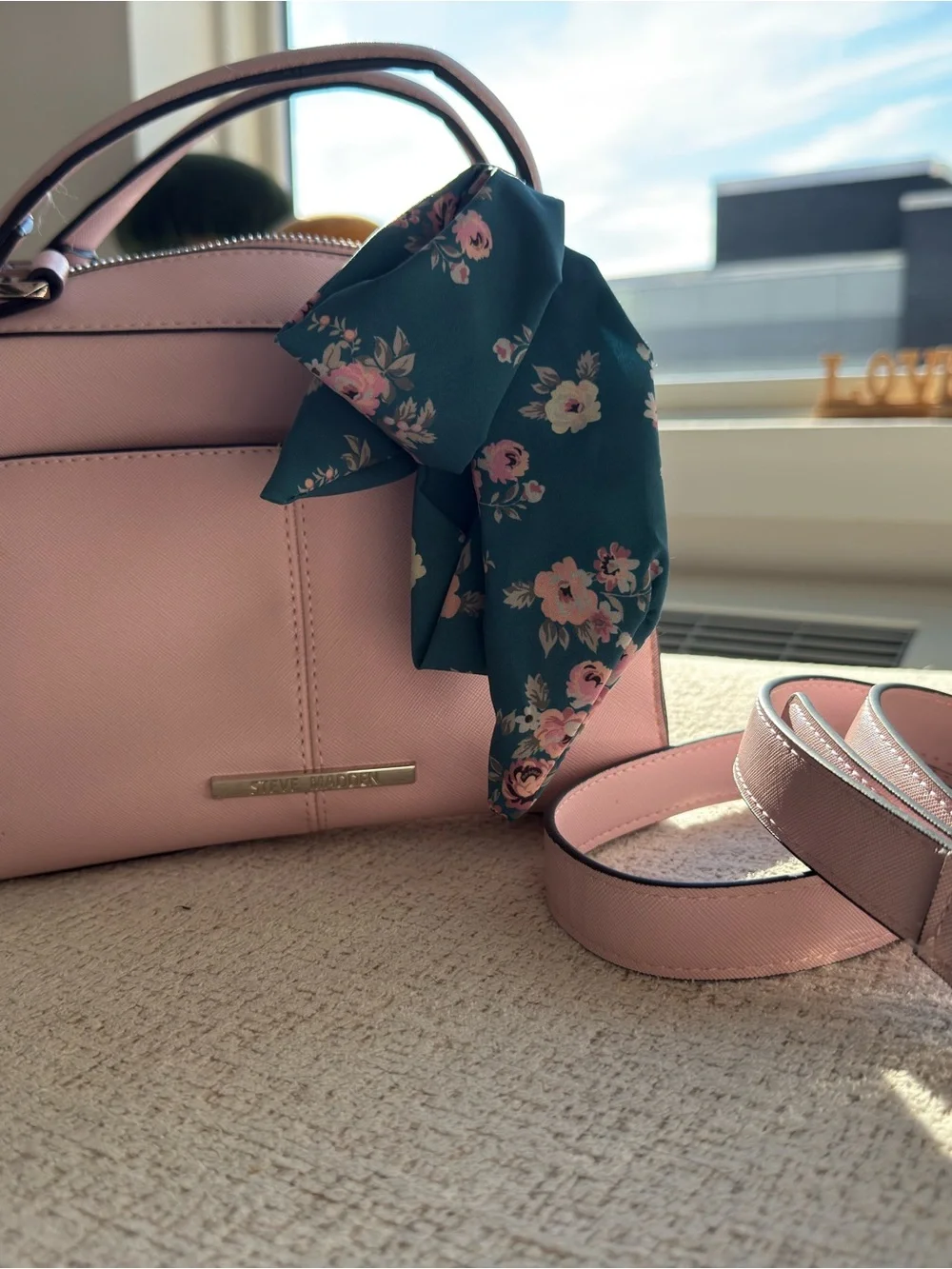 Steve Madden Pink Top-Handle Satchel with Floral Scarf Accent